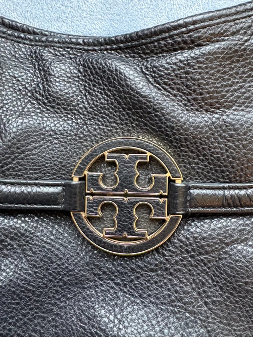 Tory Burch Black Leather Shoulder Hobo Bag with Signature Medallion